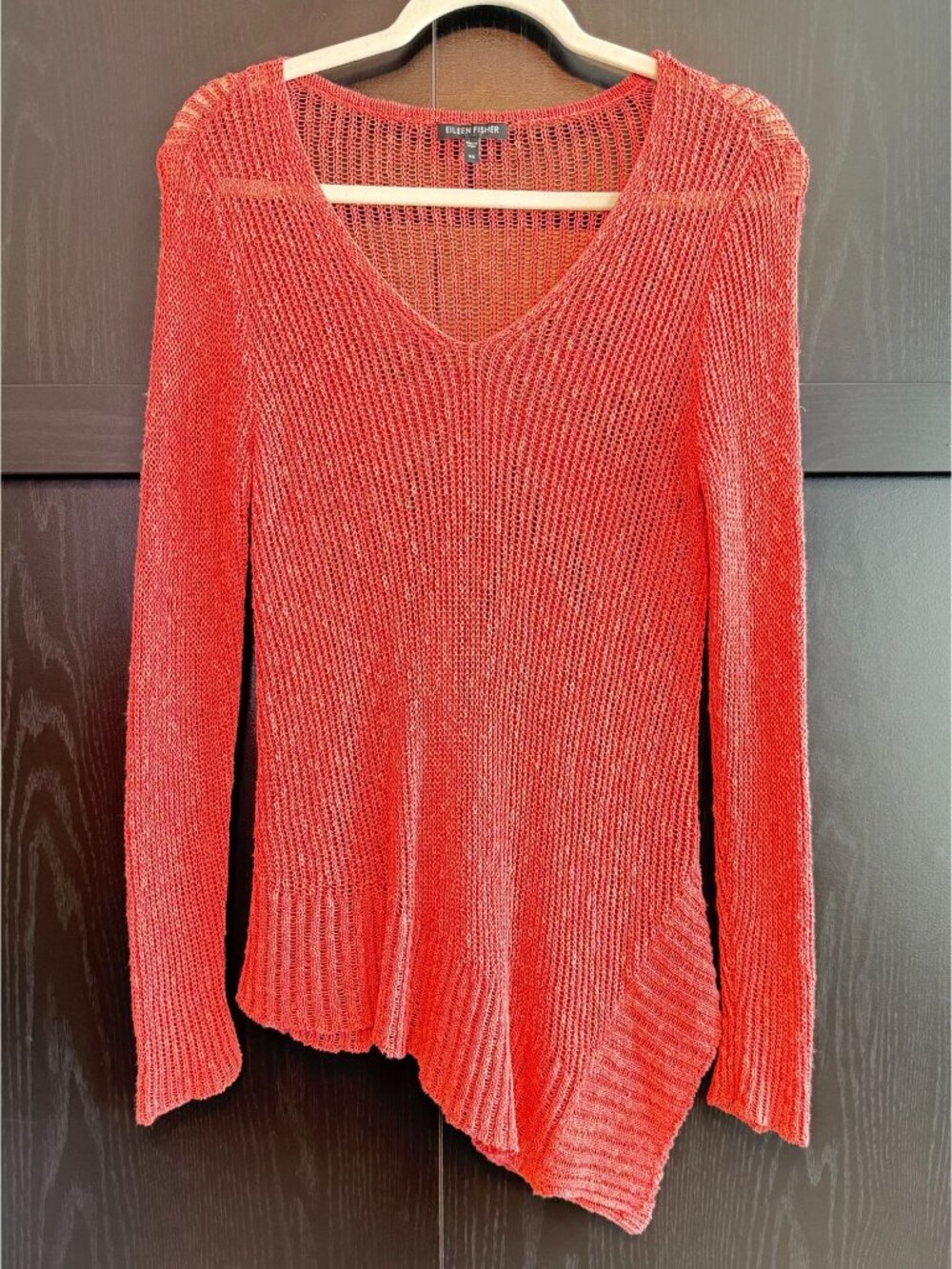 Eileen Fisher Linen Blend Open Knit Airy Asymmetrical Hem Coral Sweater XS Boho